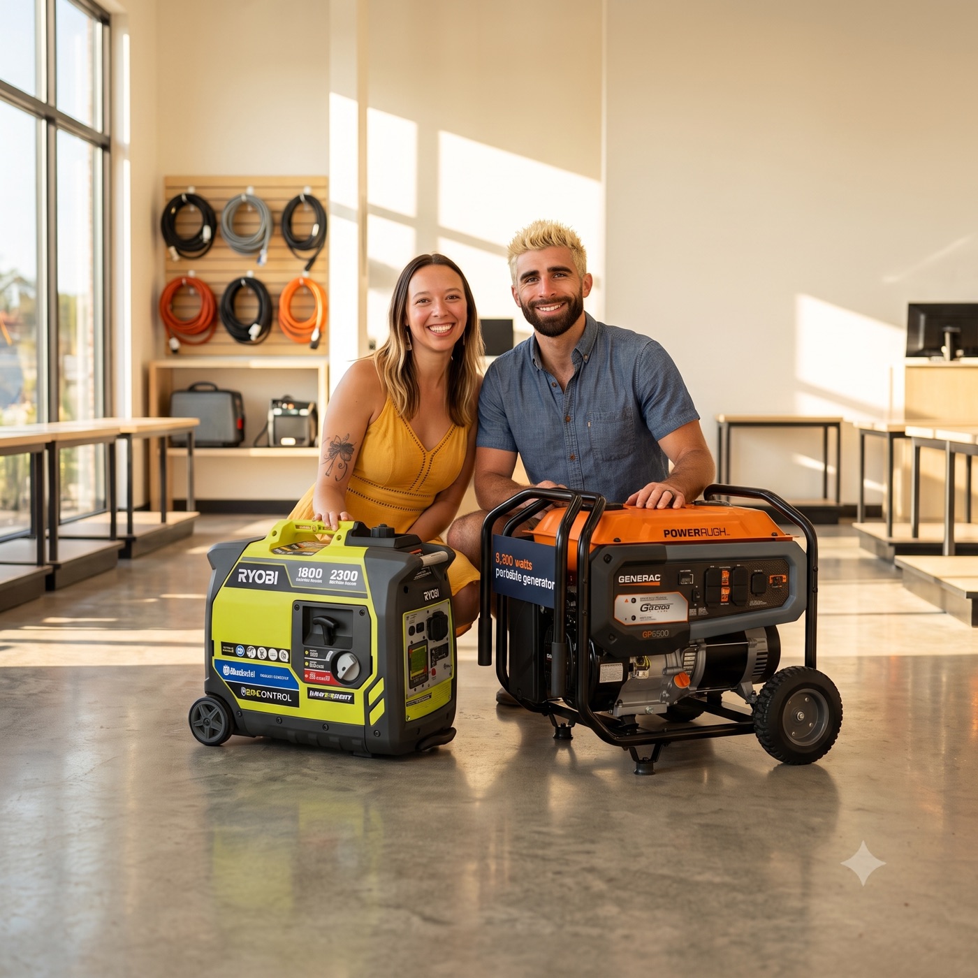 Adam and Kale, founders of Santa Cruz Generators, kneeling with the RYOBI 2,300W and Generac 8,125W generators in Santa Cruz